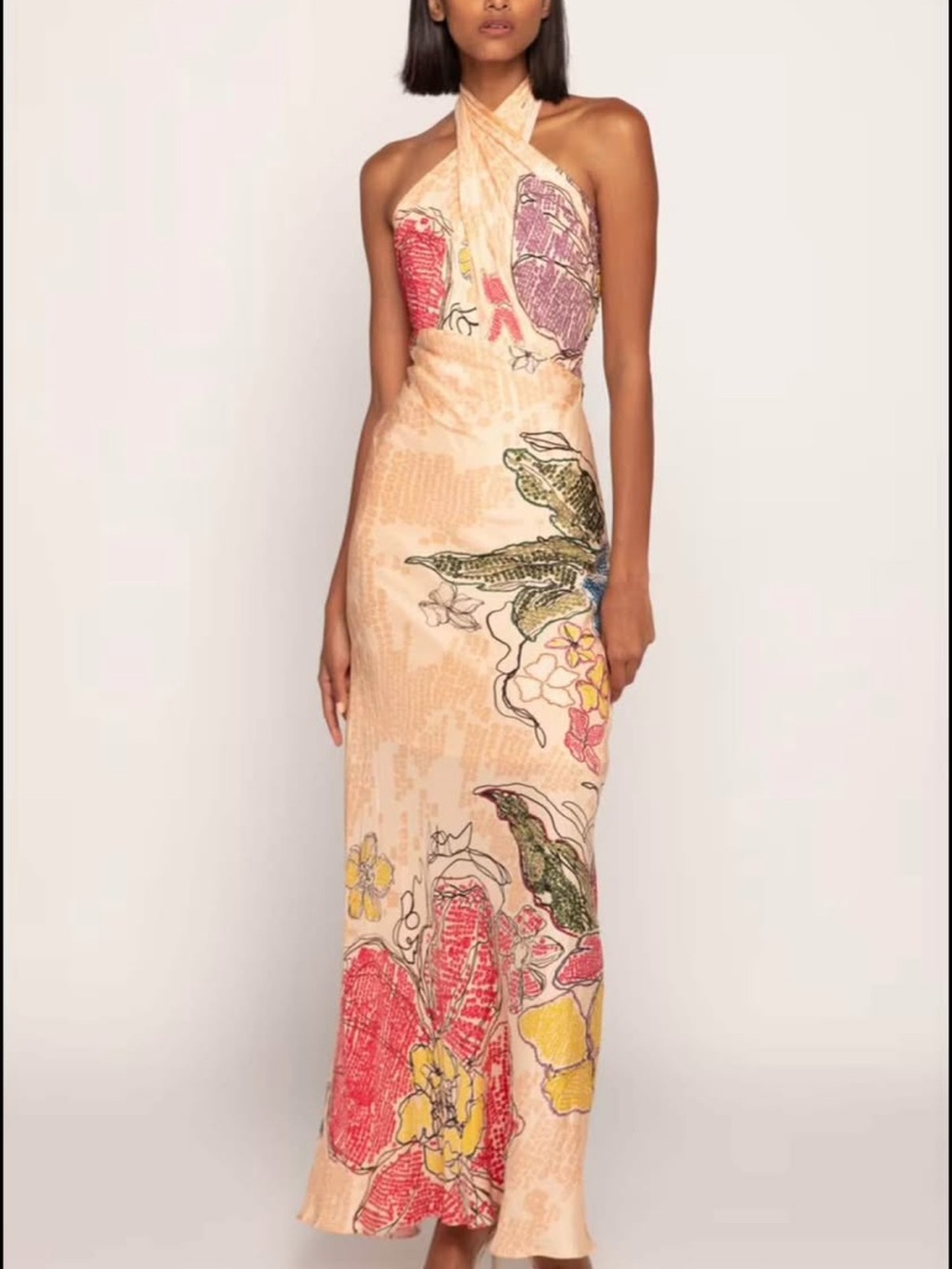 Peach Floral Halter Maxi Dress